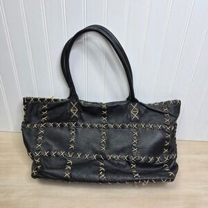 Berge Italy Black Pebbled Leather Tote Bag Contrast Whipstitch Shoulder Bag